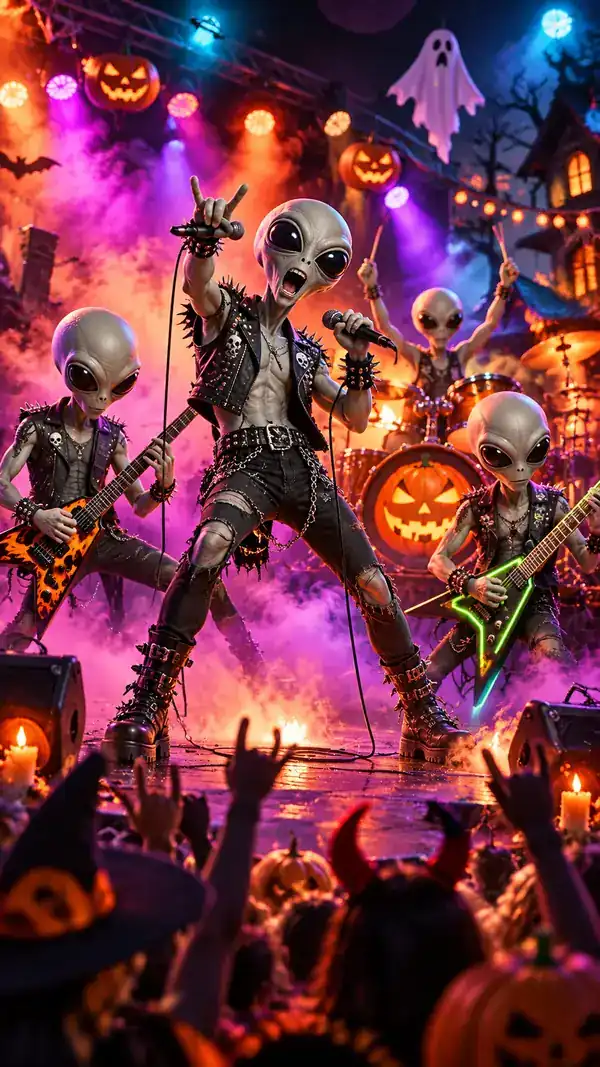 Aliens playing heavy metal at a colorful Halloween party