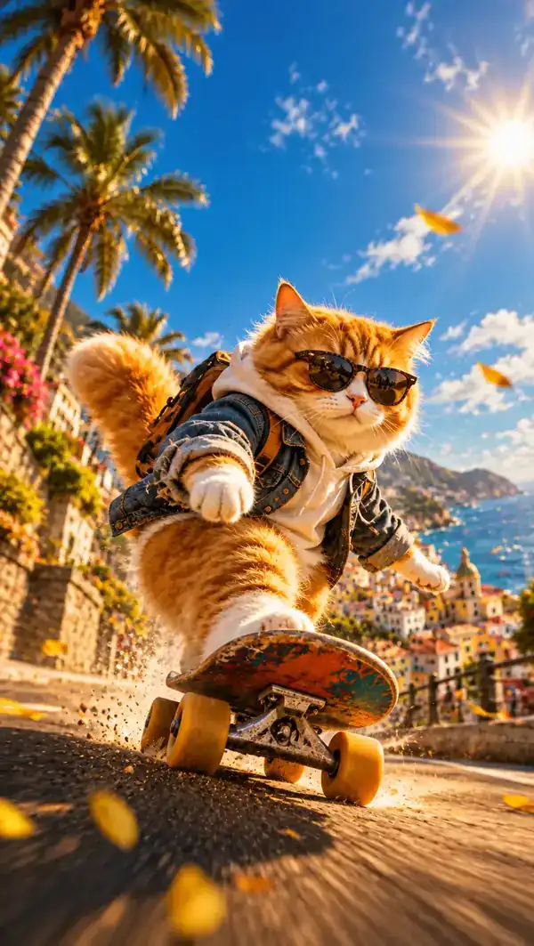 Bold illustrated cat skateboard adventure poster