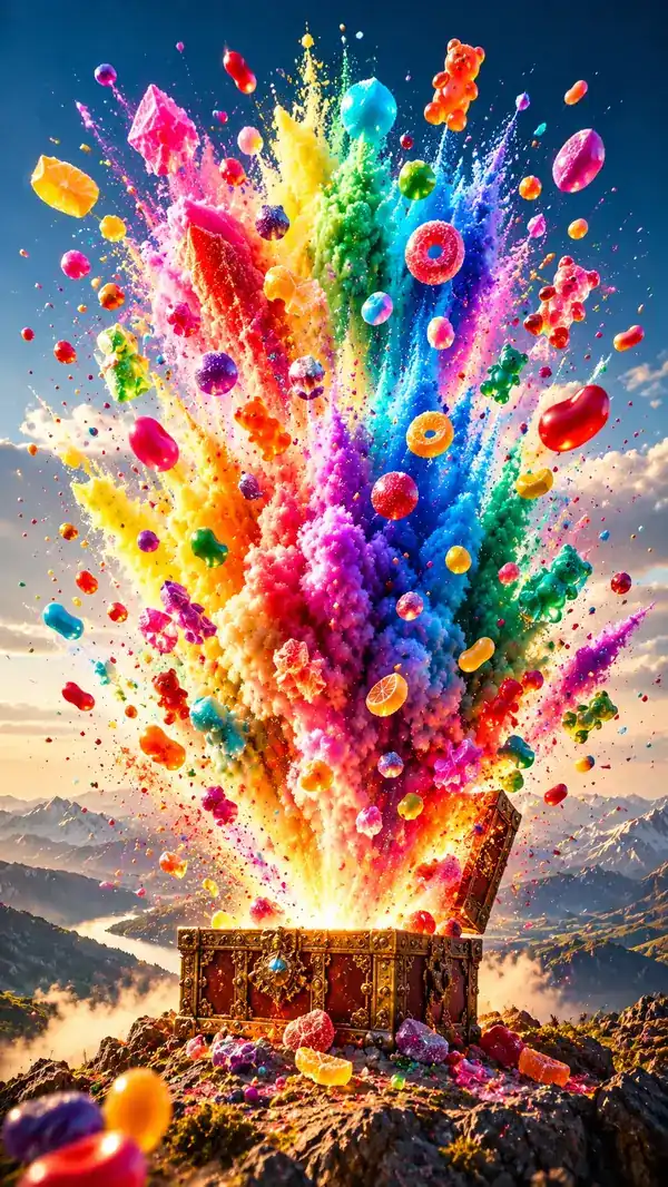 Candy bursting into a bright plume of color