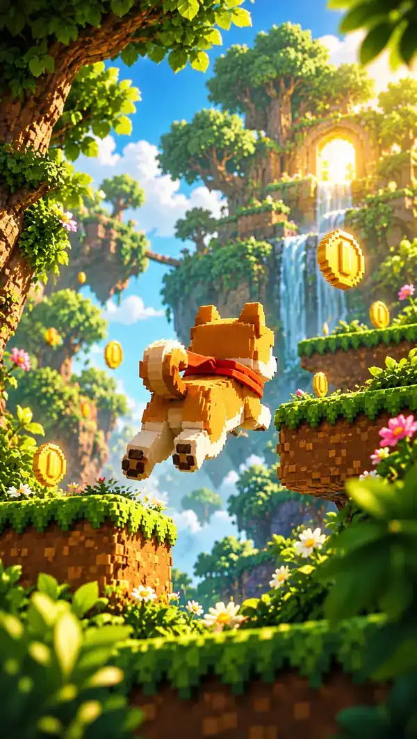 Colorful forest platform-game illustration with golden coins