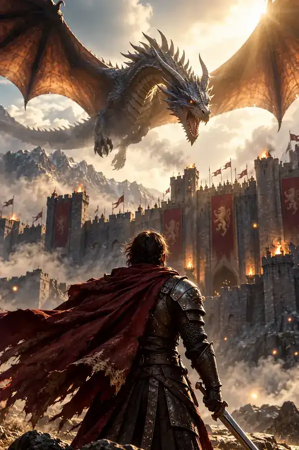Dragon soaring above a fortress in a fantasy scene