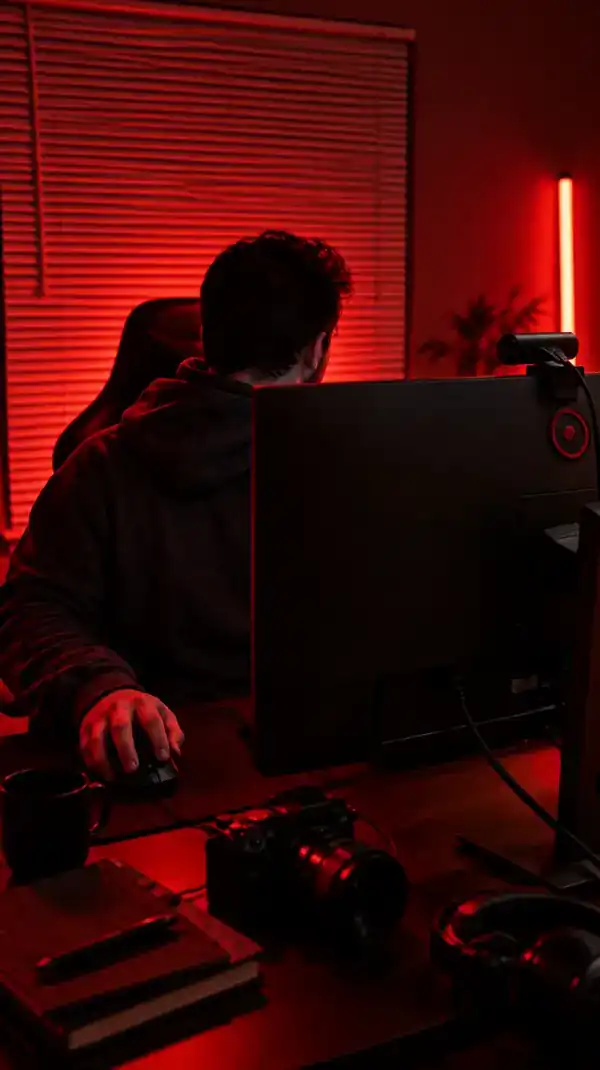 Dramatic red-lit scene from a short video