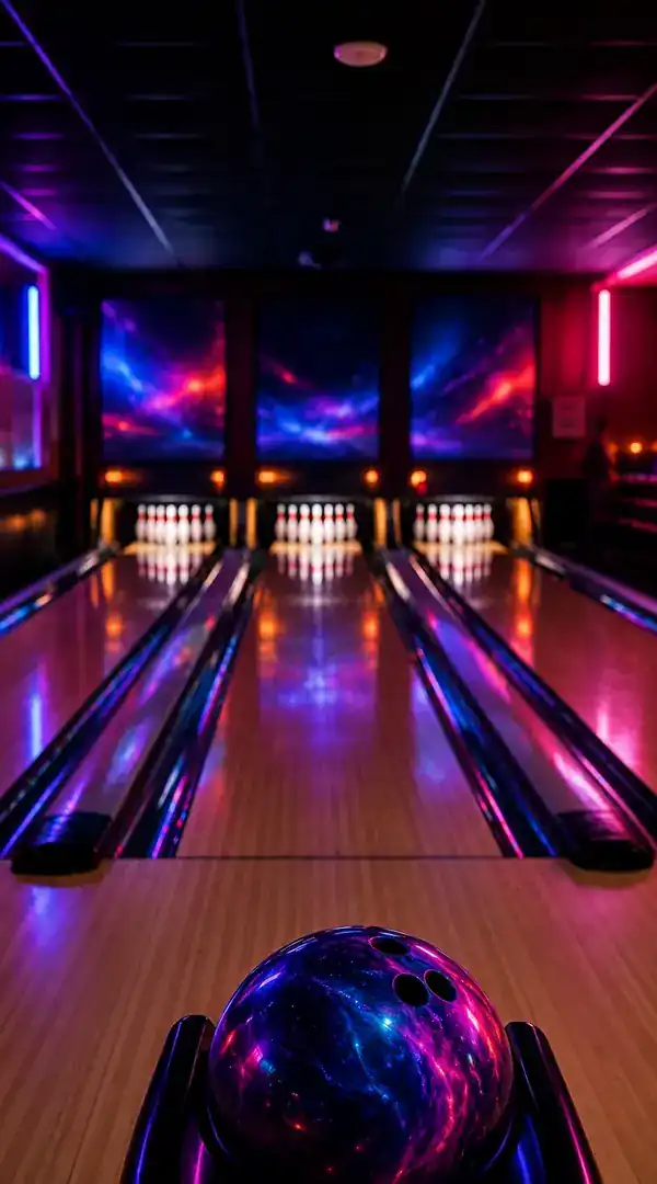 Empty bowling alley illuminated with colorful lights