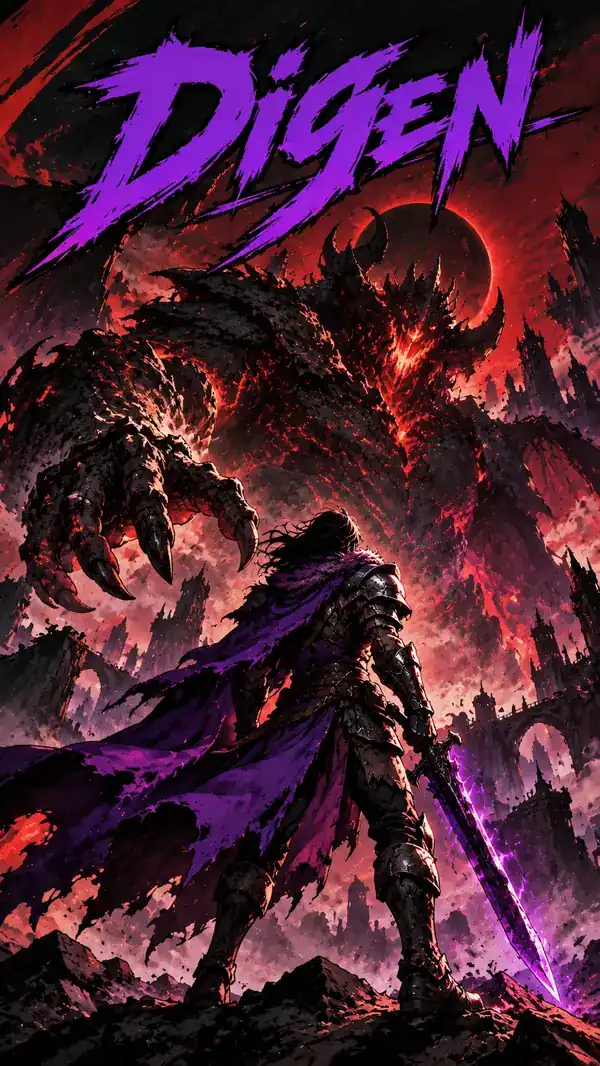 Fantasy action movie poster with dramatic purple lettering