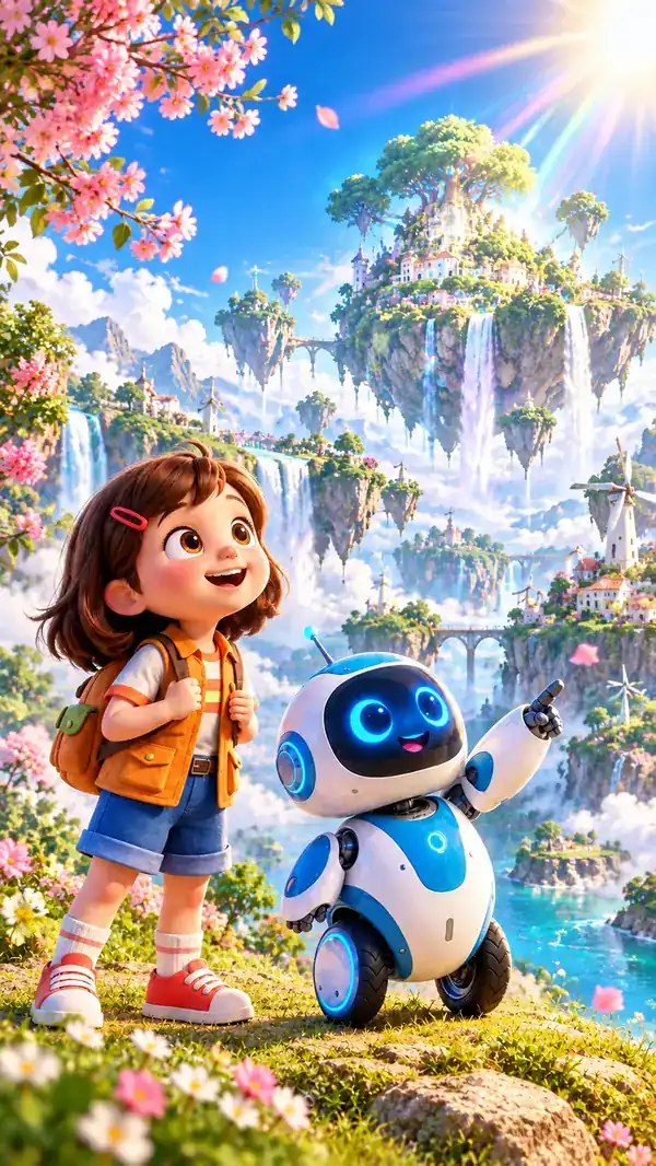 Girl and friendly little robot exploring a colorful world