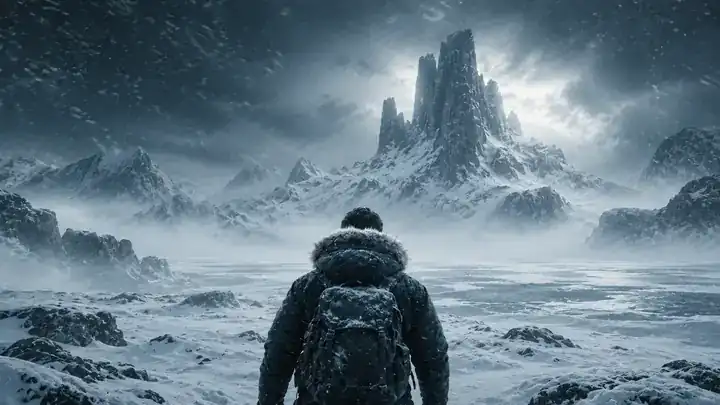 Lone figure walking through a snowy winter landscape