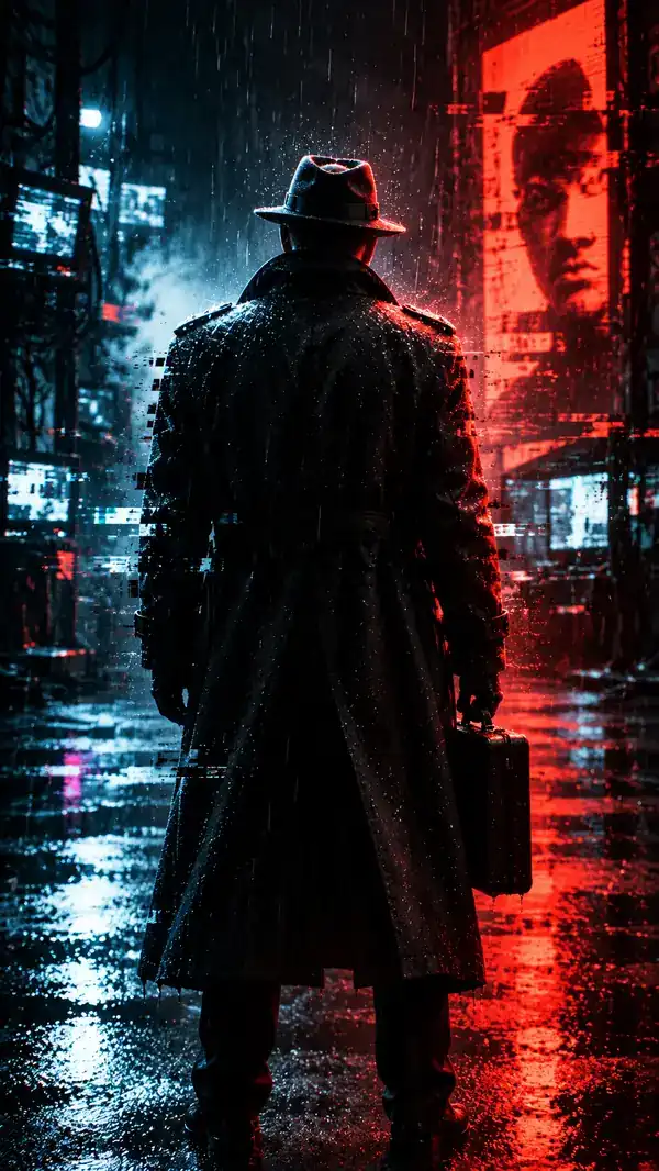 Mysterious figure in a dark glitch-art movie poster