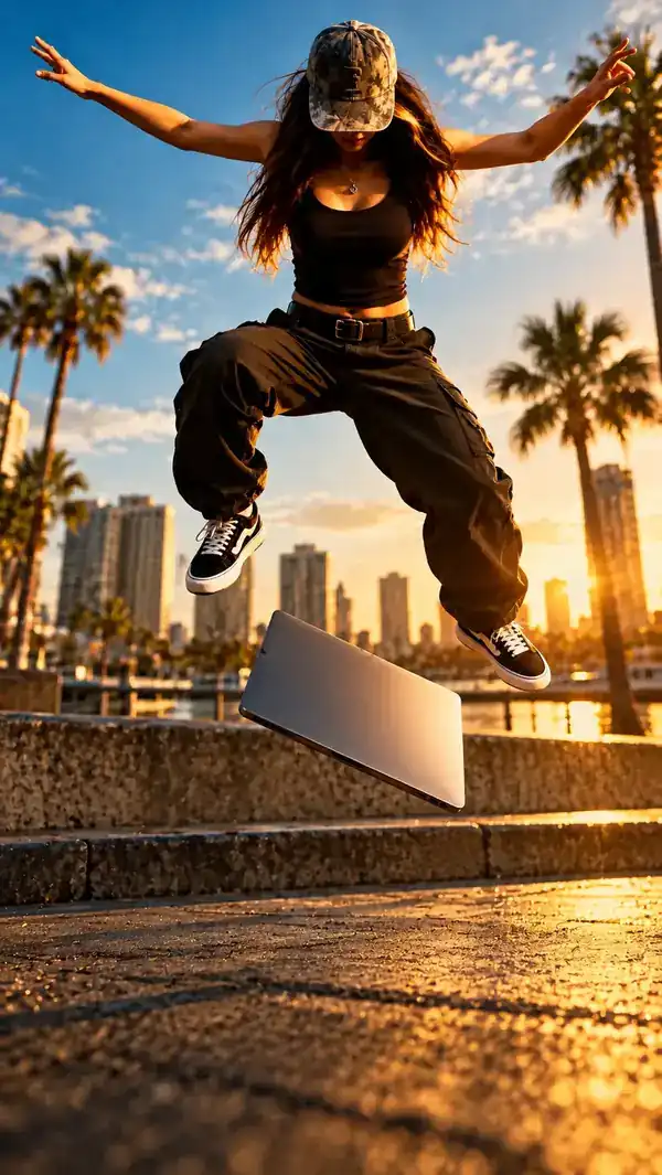 Performer striking a pose in a cinematic outdoor scene