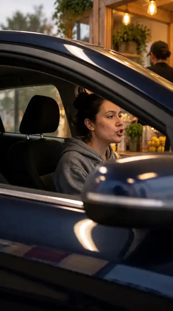 Person talking through a car window beside a roadside stand