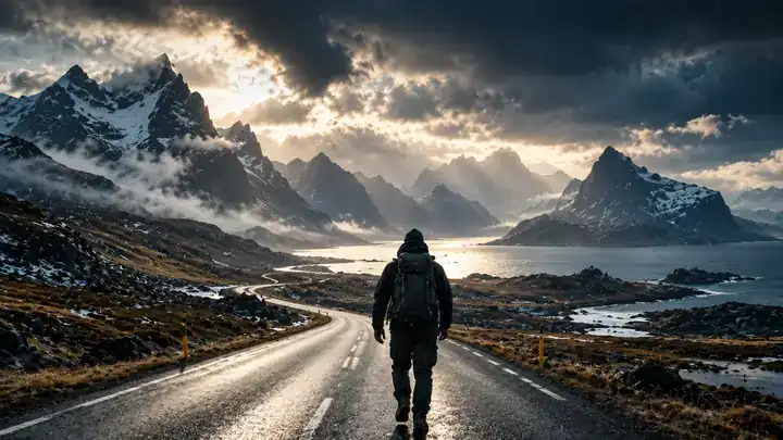 Person traveling down a dramatic open road