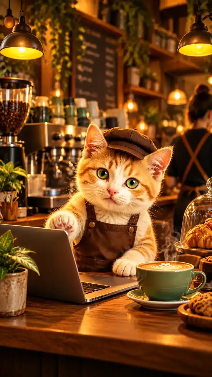 Illustrative cat coffee shop scene