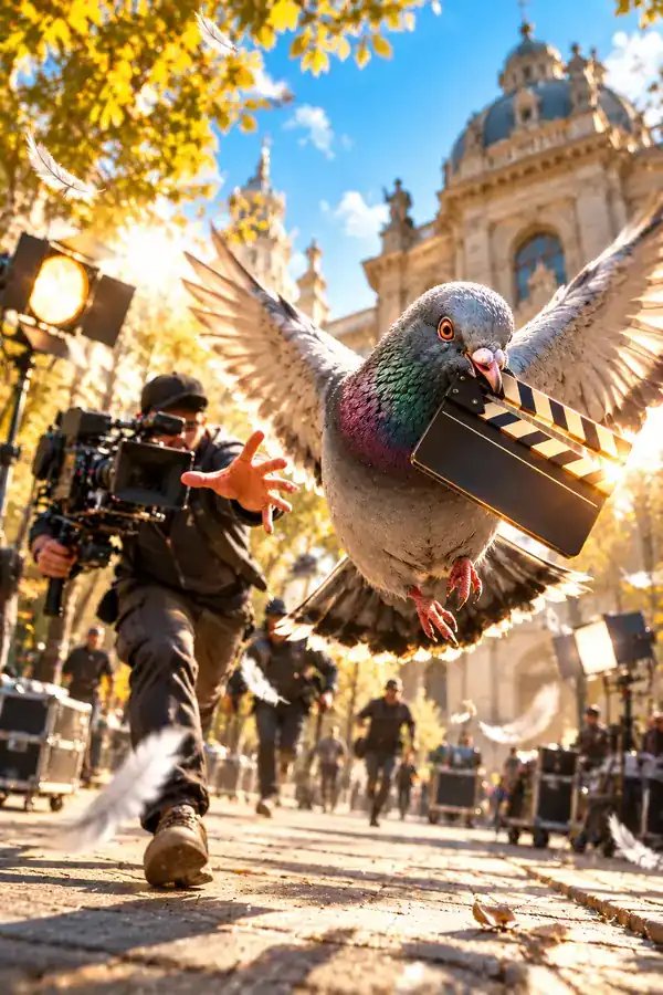 Playful illustrated pigeon character on a movie poster