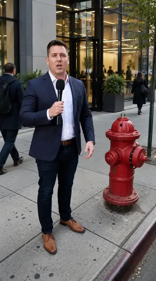 Reporter standing by a red fire hydrant on a city sidewalk