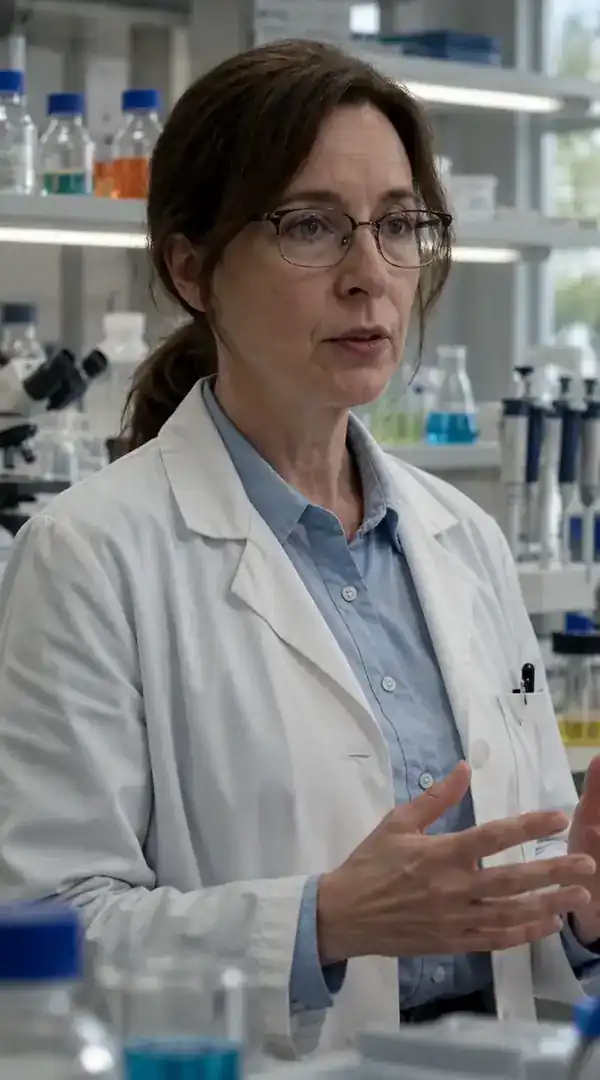 Scientist speaking in a brightly lit laboratory