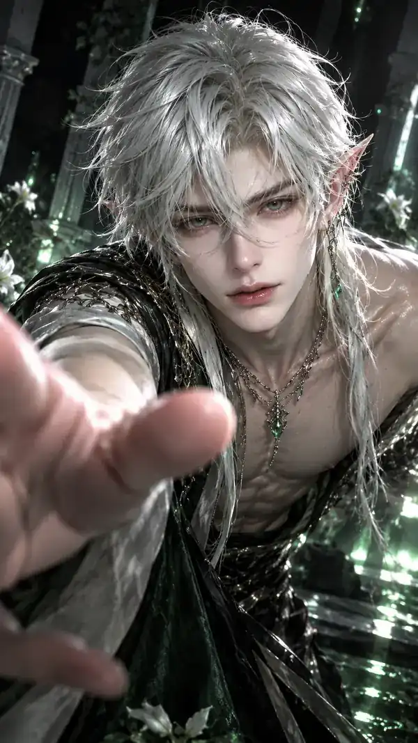 Silver-haired fantasy character in a softly lit portrait