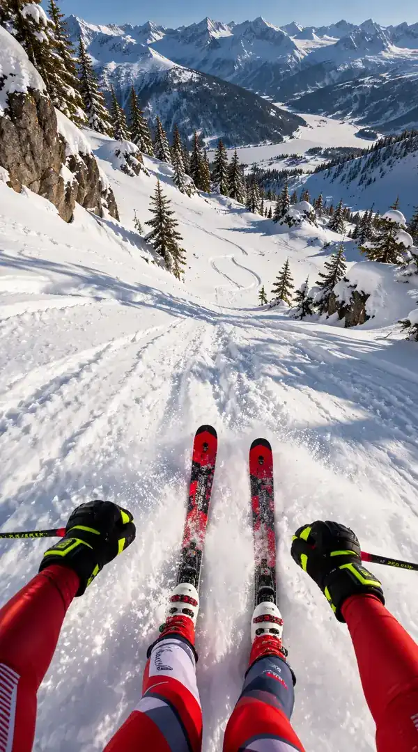 Skier looking downhill across a snowy mountain trail