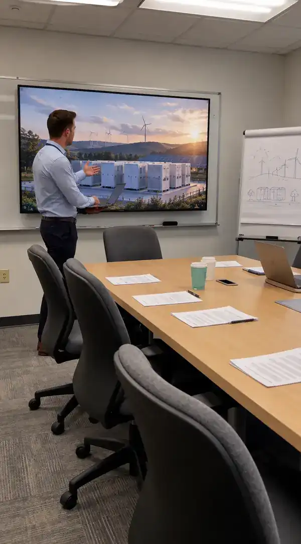 Small meeting room with a person presenting beside a screen
