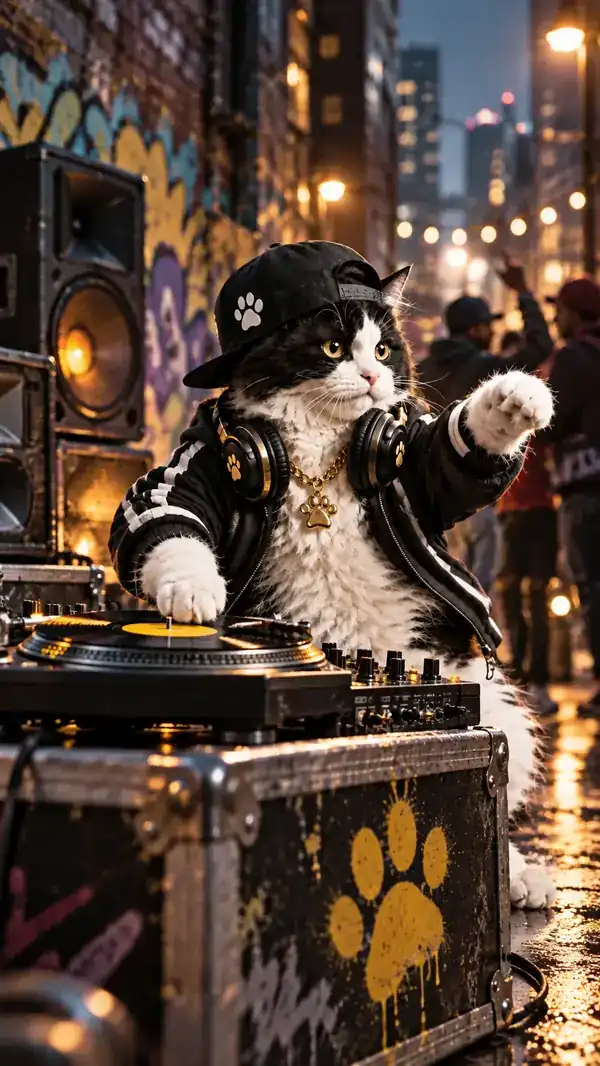 Streetwise black and white cat performing in a city scene