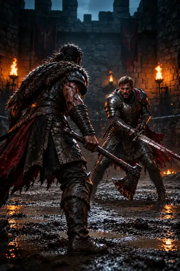 Two fighters facing a dramatic final confrontation