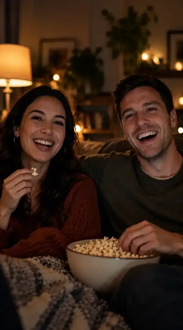 Two friends smiling together in a casual indoor scene
